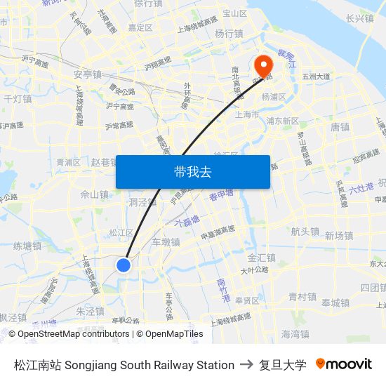 松江南站 Songjiang South Railway Station to 复旦大学 map