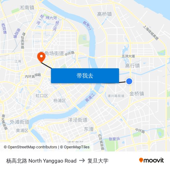 杨高北路 North Yanggao Road to 复旦大学 map