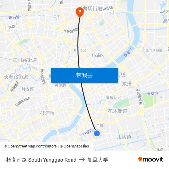 杨高南路 South Yanggao Road to 复旦大学 map