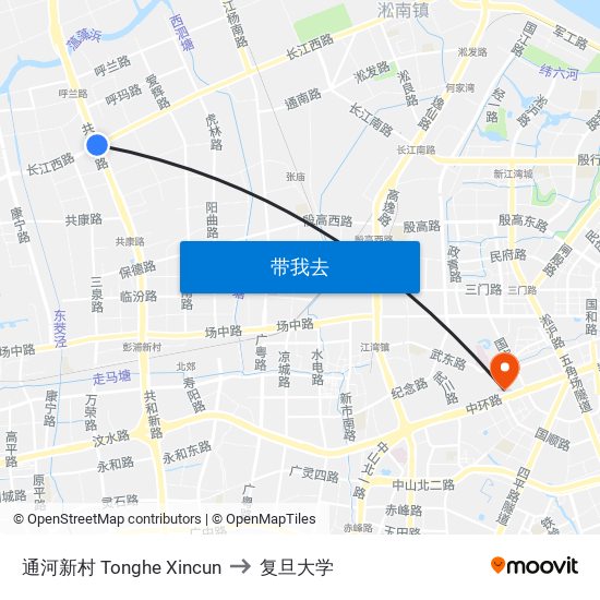 通河新村 Tonghe Xincun to 复旦大学 map