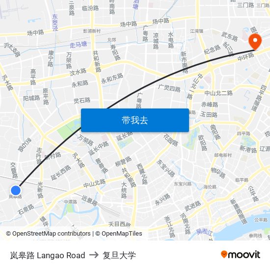 岚皋路 Langao Road to 复旦大学 map