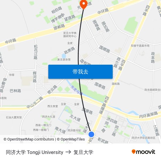 同济大学 Tongji University to 复旦大学 map