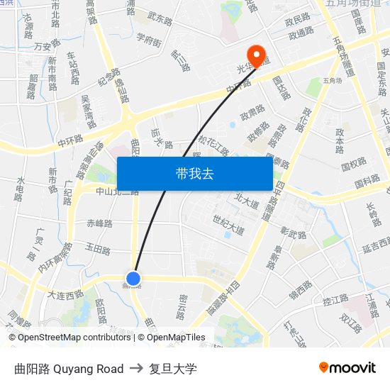 曲阳路 Quyang Road to 复旦大学 map