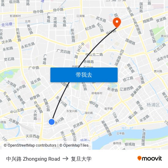 中兴路 Zhongxing Road to 复旦大学 map