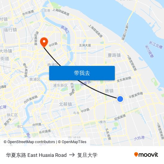 华夏东路 East Huaxia Road to 复旦大学 map