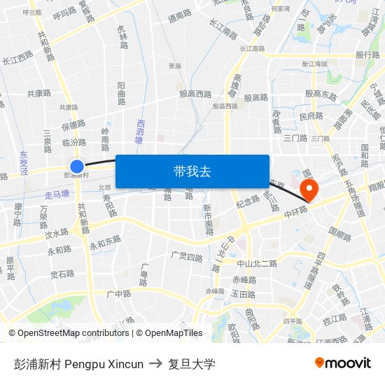 彭浦新村 Pengpu Xincun to 复旦大学 map