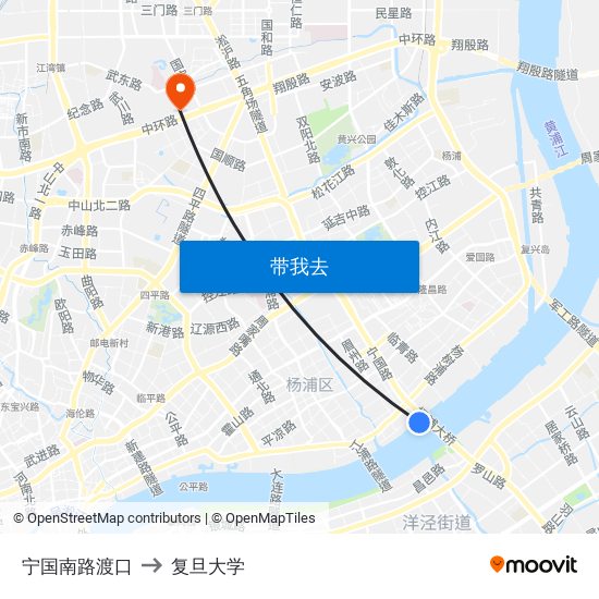 宁国南路渡口 to 复旦大学 map