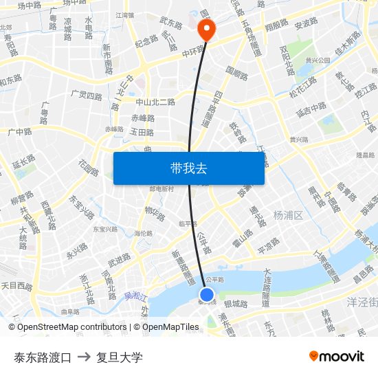 泰东路渡口 to 复旦大学 map