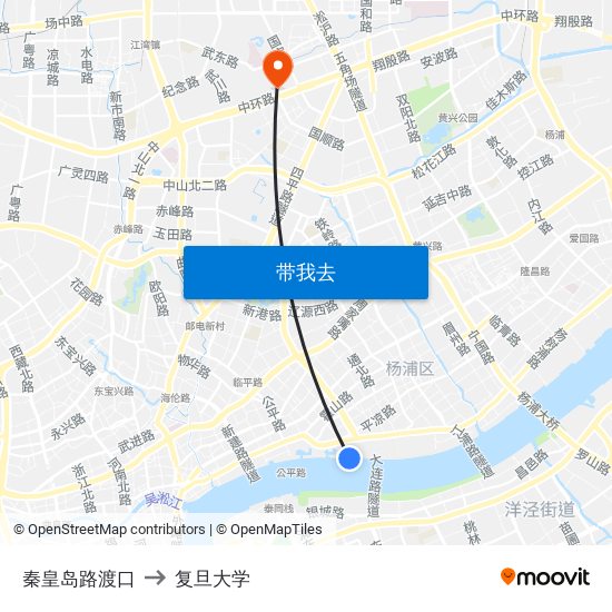 秦皇岛路渡口 to 复旦大学 map