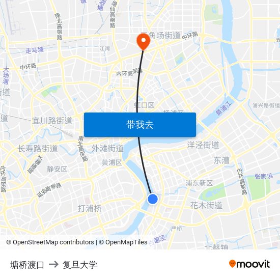塘桥渡口 to 复旦大学 map