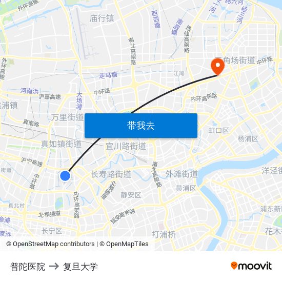 普陀医院 to 复旦大学 map