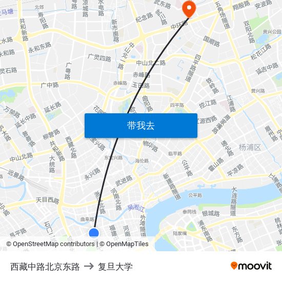 西藏中路北京东路 to 复旦大学 map