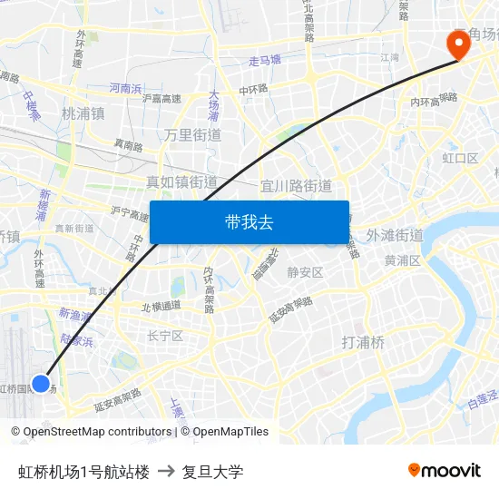 虹桥机场1号航站楼 to 复旦大学 map