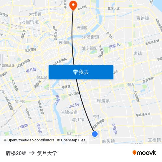 牌楼20组 to 复旦大学 map