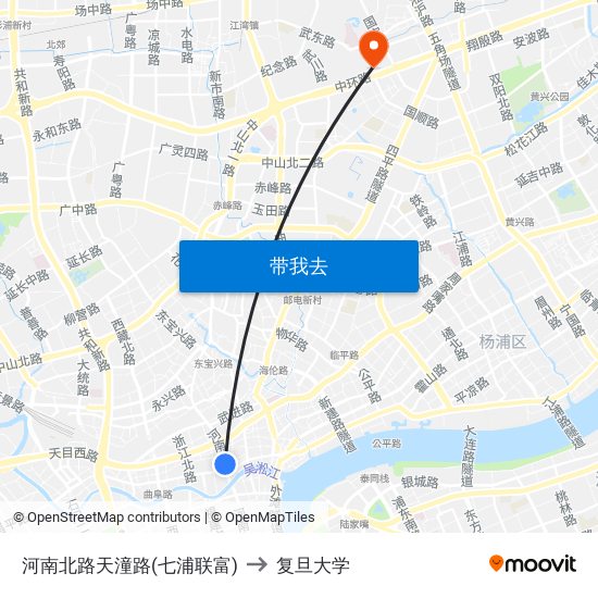 河南北路天潼路(七浦联富) to 复旦大学 map