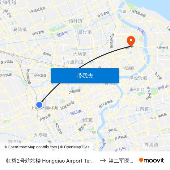 虹桥2号航站楼 Hongqiao Airport Terminal 2 to 第二军医大学 map