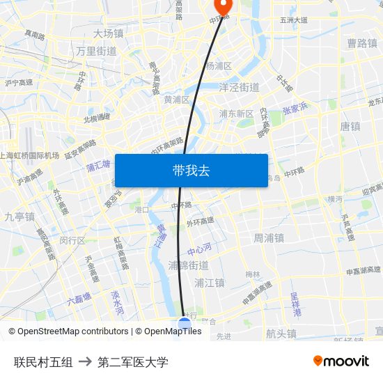 联民村五组 to 第二军医大学 map