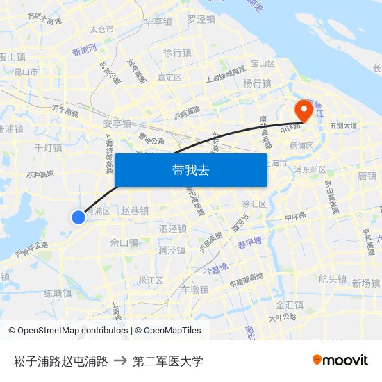 崧子浦路赵屯浦路 to 第二军医大学 map