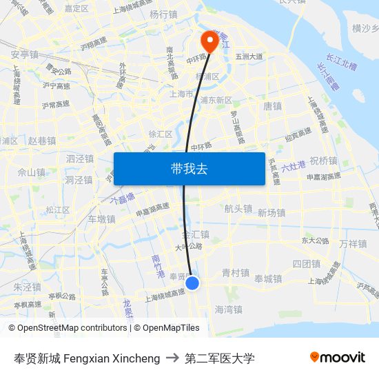 奉贤新城 Fengxian Xincheng to 第二军医大学 map