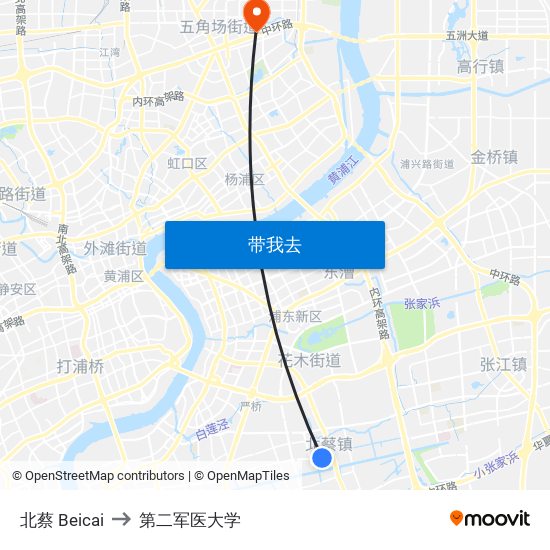 北蔡 Beicai to 第二军医大学 map