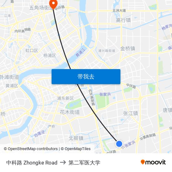 中科路 Zhongke Road to 第二军医大学 map