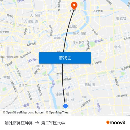 浦驰南路江坤路 to 第二军医大学 map