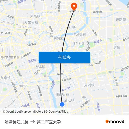 浦雪路江龙路 to 第二军医大学 map