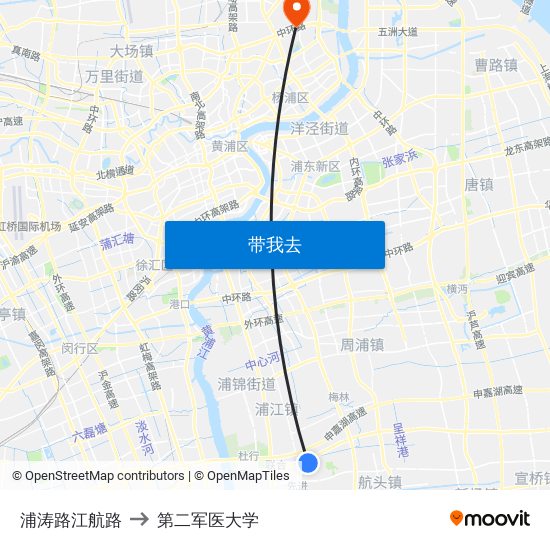 浦涛路江航路 to 第二军医大学 map