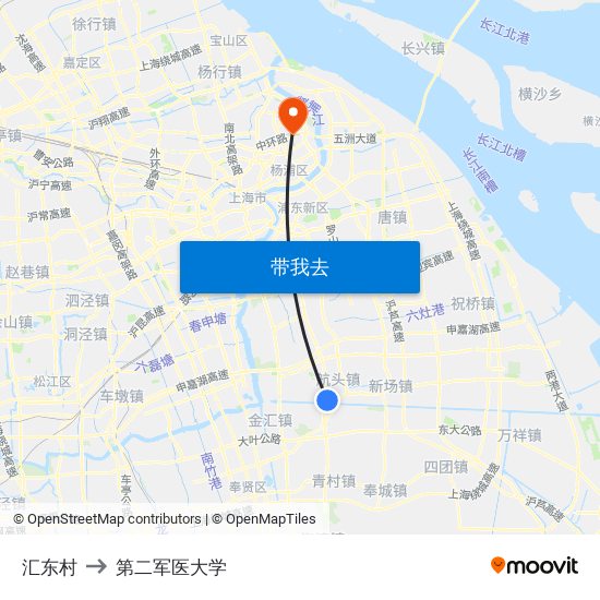 汇东村 to 第二军医大学 map