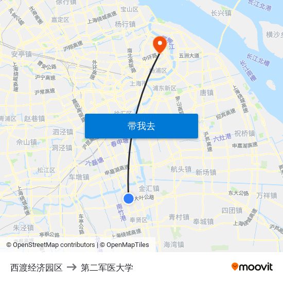 西渡经济园区 to 第二军医大学 map