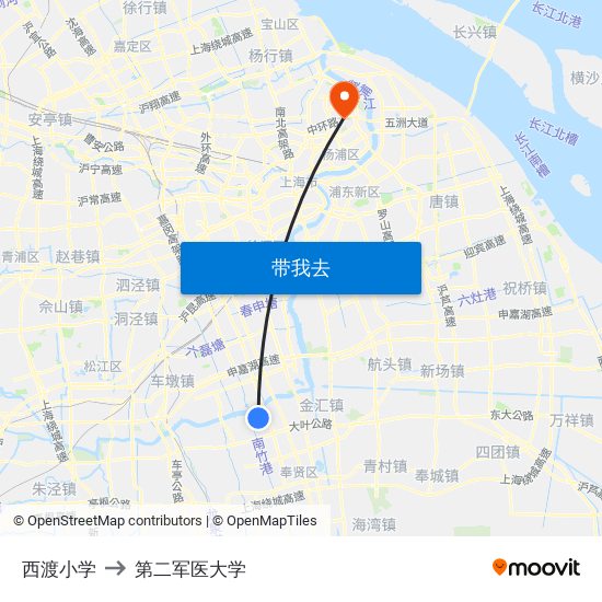 西渡小学 to 第二军医大学 map