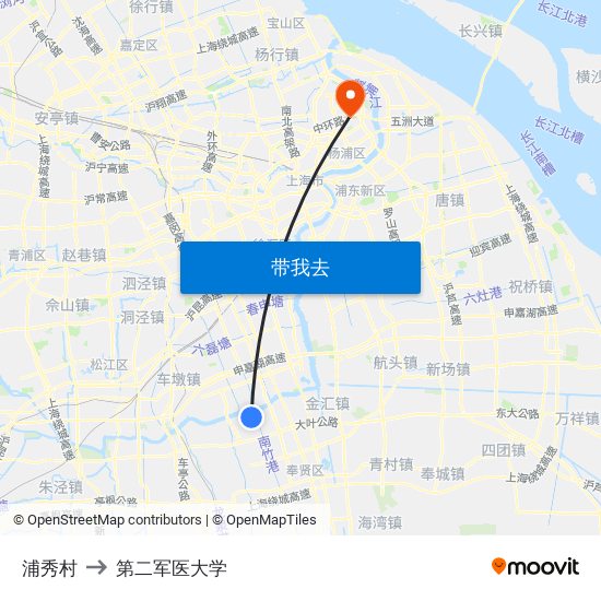 浦秀村 to 第二军医大学 map