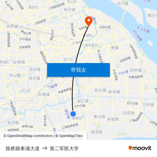 陈桥路奉浦大道 to 第二军医大学 map