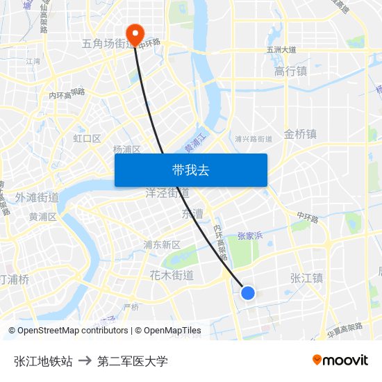 张江地铁站 to 第二军医大学 map