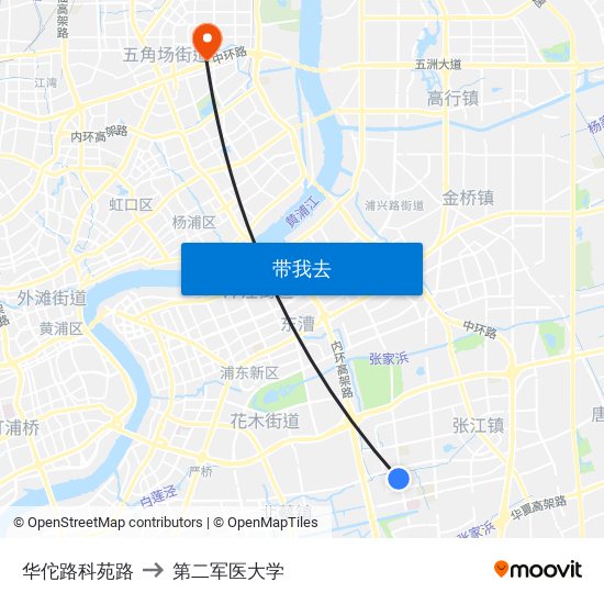 华佗路科苑路 to 第二军医大学 map