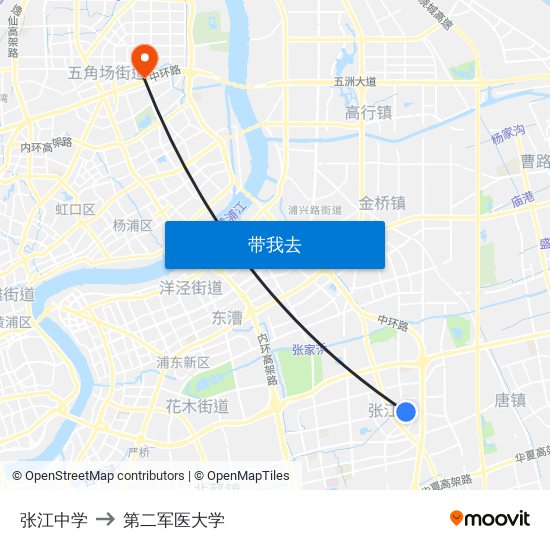 张江中学 to 第二军医大学 map