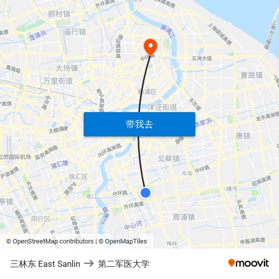 三林东 East Sanlin to 第二军医大学 map