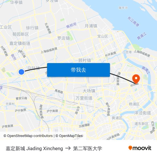 嘉定新城 Jiading Xincheng to 第二军医大学 map