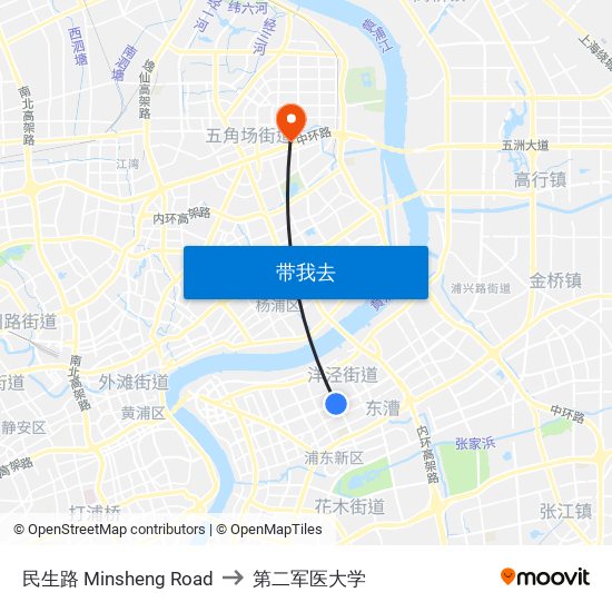 民生路 Minsheng Road to 第二军医大学 map