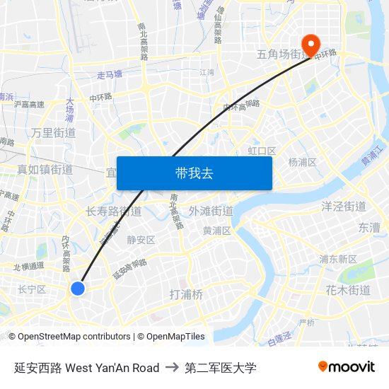 延安西路 West Yan'An Road to 第二军医大学 map