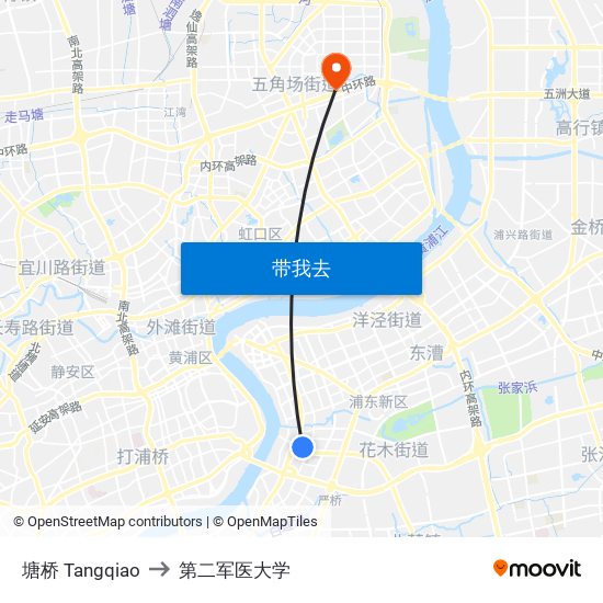塘桥 Tangqiao to 第二军医大学 map
