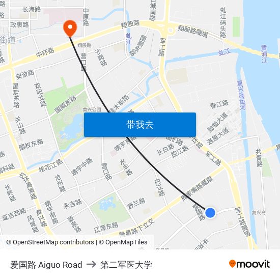 爱国路 Aiguo Road to 第二军医大学 map