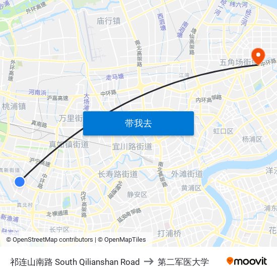 祁连山南路 South Qilianshan Road to 第二军医大学 map