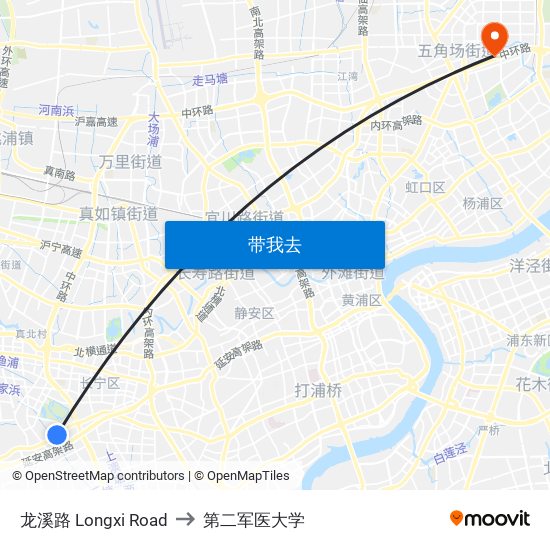 龙溪路 Longxi Road to 第二军医大学 map