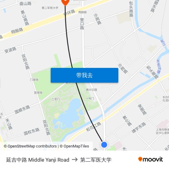 延吉中路 Middle Yanji Road to 第二军医大学 map