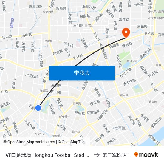 虹口足球场 Hongkou Football Stadium to 第二军医大学 map