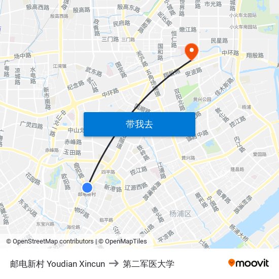 邮电新村 Youdian Xincun to 第二军医大学 map