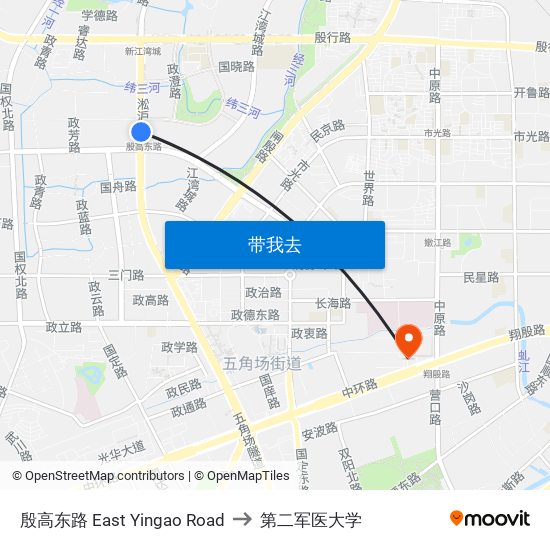 殷高东路 East Yingao Road to 第二军医大学 map