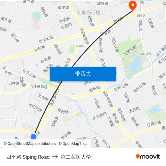四平路 Siping Road to 第二军医大学 map