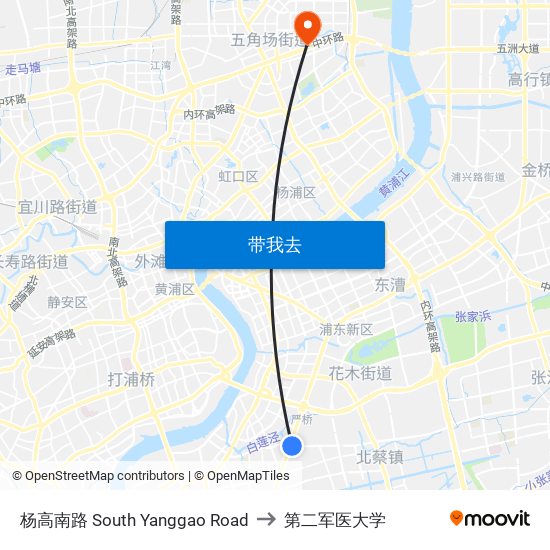 杨高南路 South Yanggao Road to 第二军医大学 map